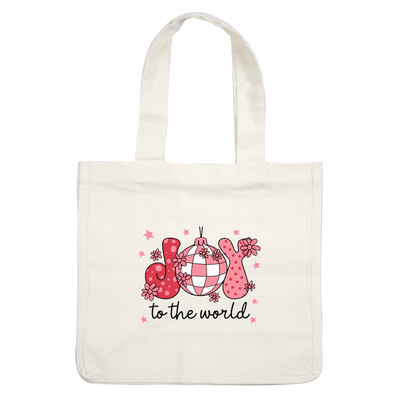 A cheerful design featuring a patterned disco ball surrounded by flowers, with the playful text "Joy to the World." heat press transfers