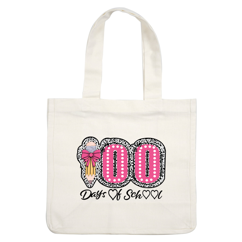 A vibrant graphic featuring the number "100" adorned with a playful pencil and pink bow, set against a speckled background.DTF Transfers