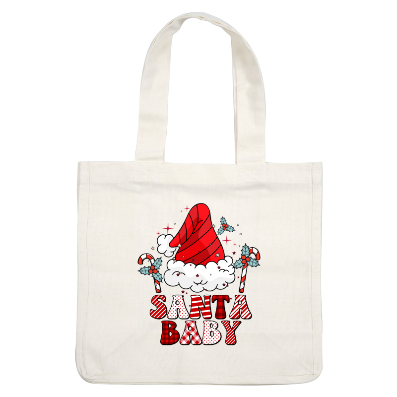 A playful holiday graphic featuring a cheerful Santa hat, candy canes, holly leaves, and the festive text "SANTA BABY." dtf transfers