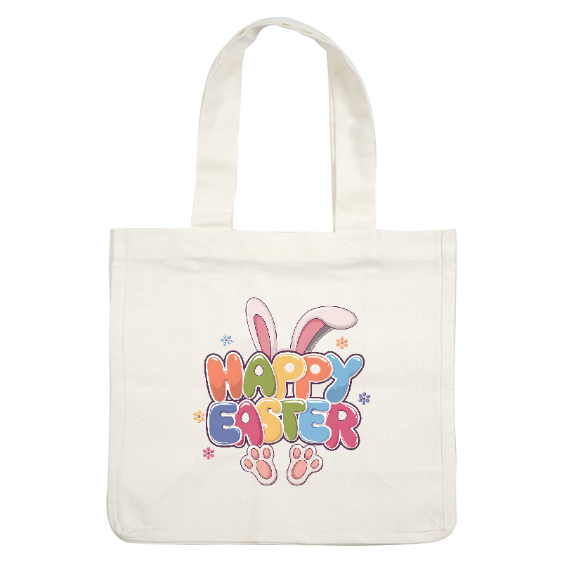 A cheerful "Happy Easter" design featuring colorful letters, bunny ears, and cute paw prints, perfect for celebrating the holiday!DTF Transfers