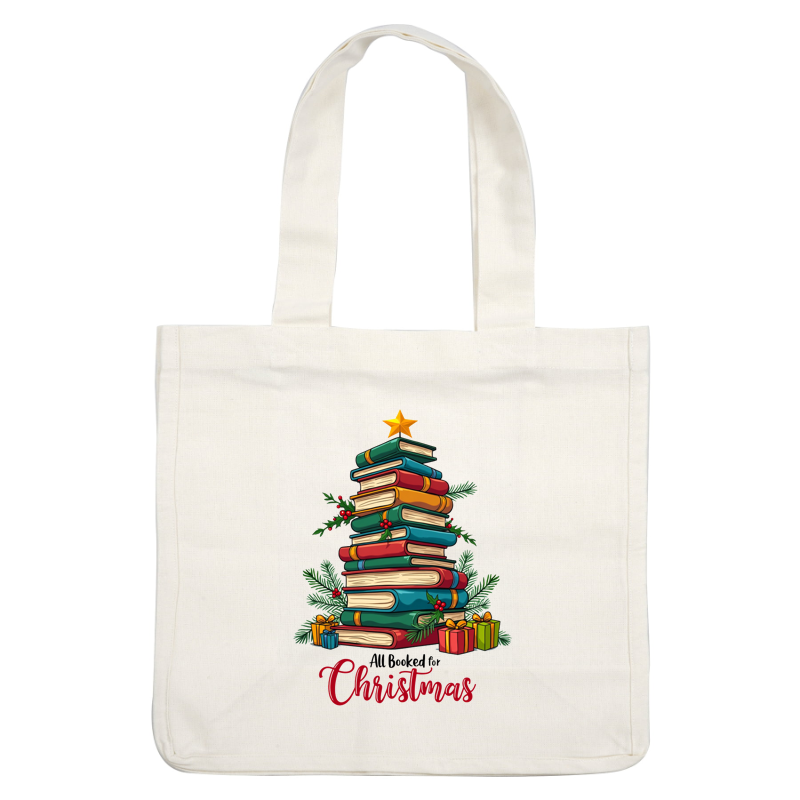 A whimsical design featuring a stack of colorful books styled as a Christmas tree, adorned with gifts and greenery.DTF Transfers
