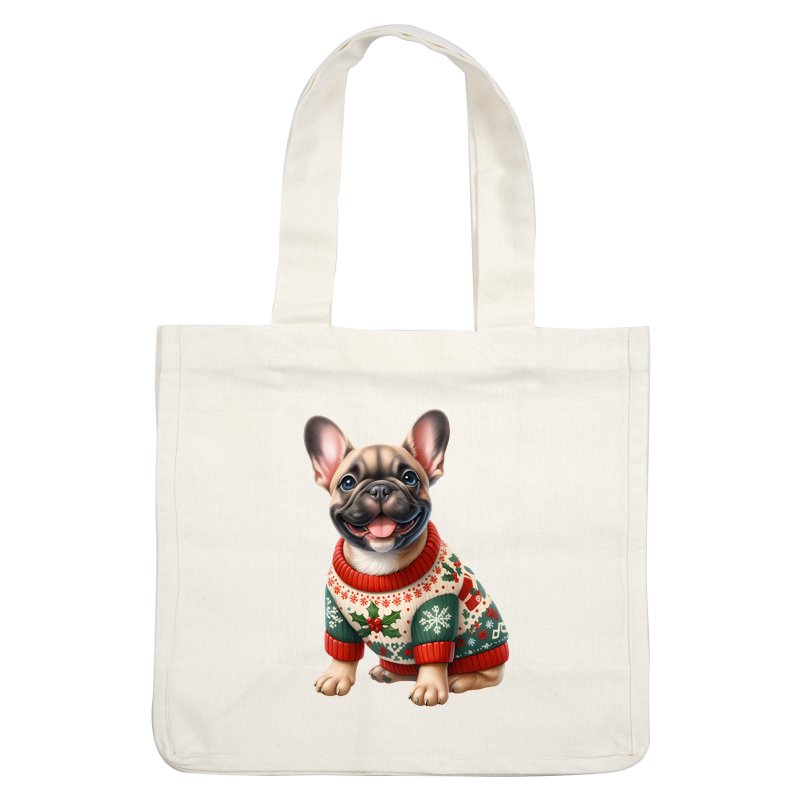 A cheerful French Bulldog in a festive, patterned Christmas sweater adorned with holly and snowflakes, exuding holiday spirit. dtf prints