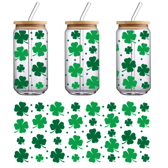 A vibrant pattern of green shamrocks, perfect for celebrating St. Patrick's Day or adding a festive touch.UV Transfers heat press transfers dtf transfers