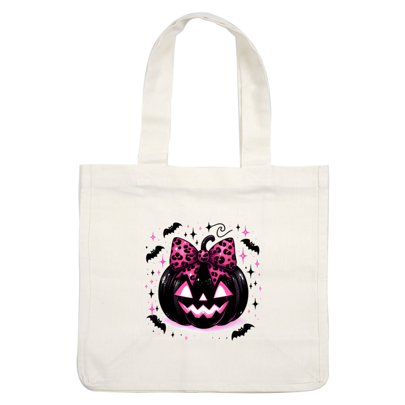 A stylish black pumpkin with a vibrant pink leopard-print bow, featuring playful facial features, perfect for Halloween decor! heat press transfers