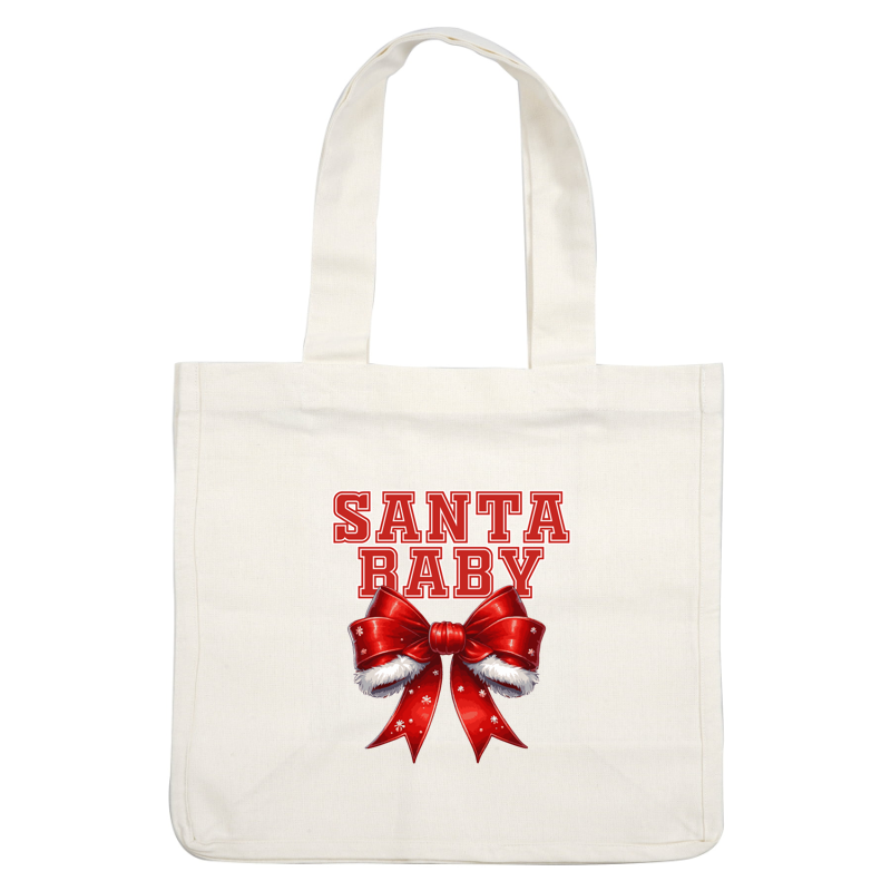 Festive "Santa Baby" graphic featuring bold red letters and a charming red bow adorned with white fur and snowflakes.dtf regular iron