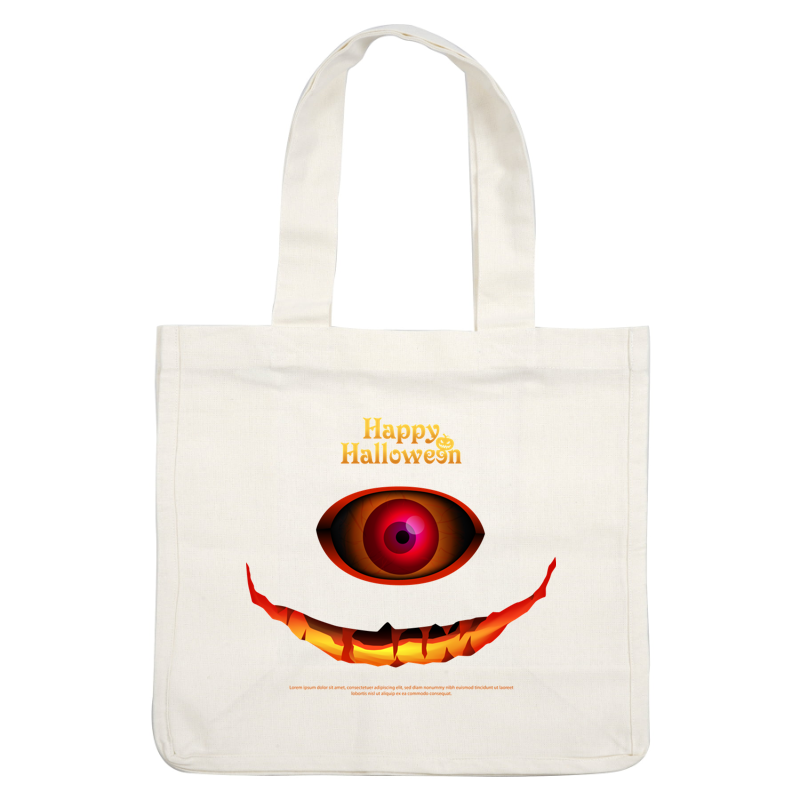 A spooky Halloween-themed graphic featuring a large, ominous red eye above a sinister, jagged grin, with "Happy Halloween" text. dtf transfers