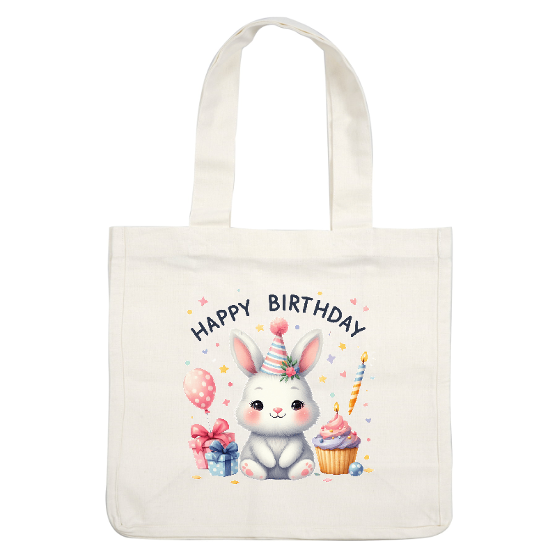 Celebrate with this adorable birthday bunny, complete with a party hat, gifts, a cupcake, and festive decorations!DTF Transfers