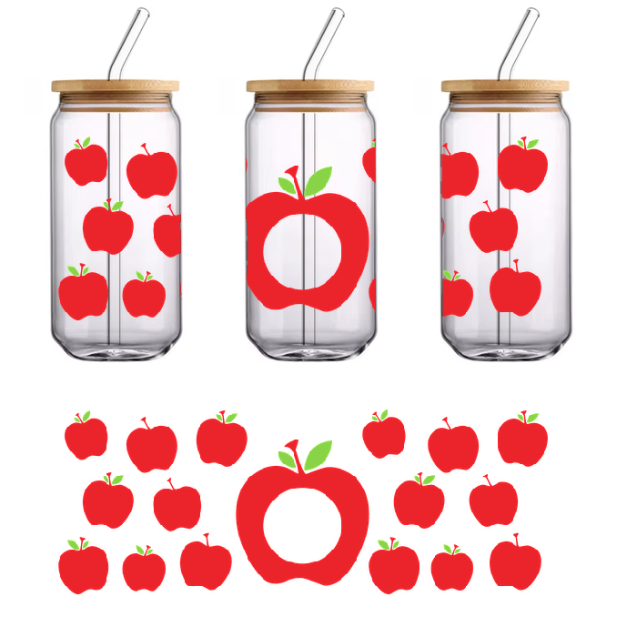 Pack of red apple stickers on a green background.UV Transfers