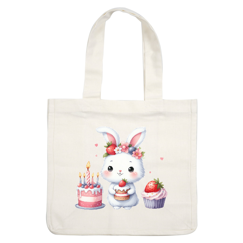 A cute bunny adorned with flowers and strawberries holds a cake next to festive birthday treats, bringing joyful celebration vibes!DTF Transfers