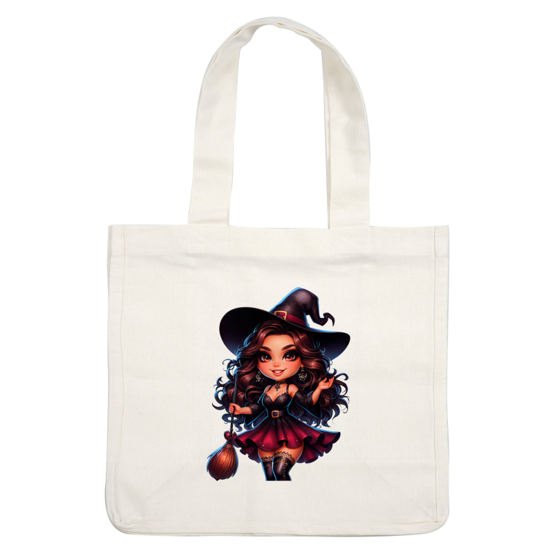 A charming, animated witch character with curly hair, a stylish black dress, and a classic witch hat, holding a broom. heat press transfers