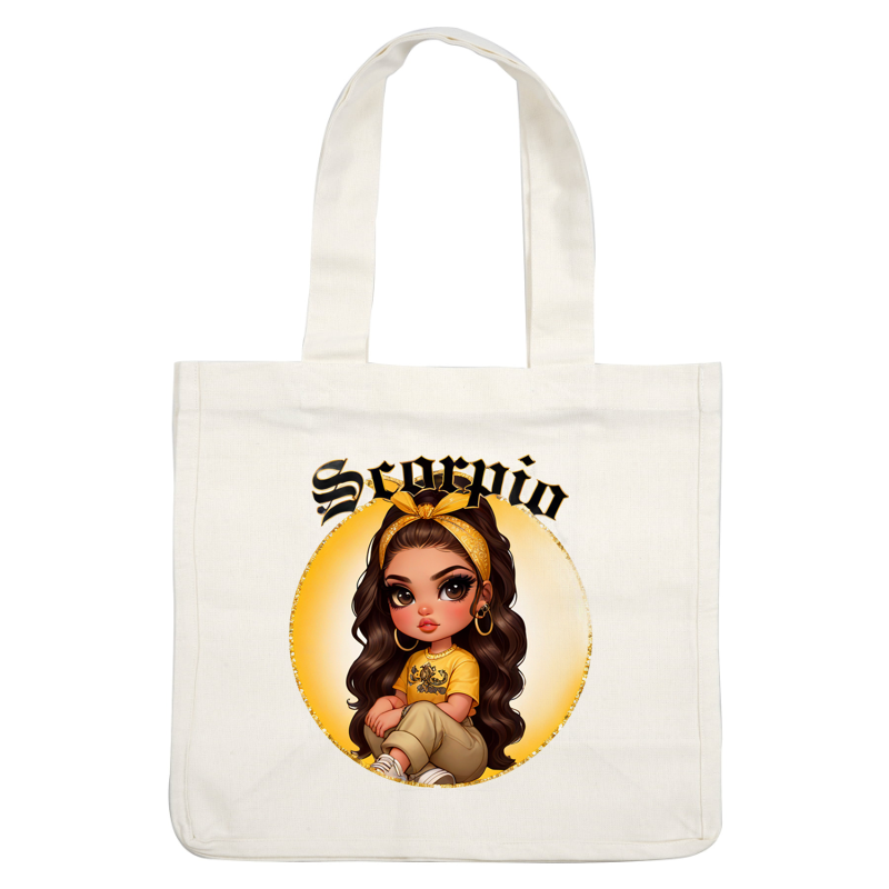 A cute cartoon girl with long dark hair, wearing a yellow shirt and headband, symbolizing the zodiac sign Scorpio. heat press transfers