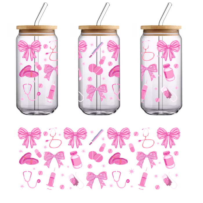 "Beautiful pink bows and medical paraphernalia decorate a green background."UV Transfers