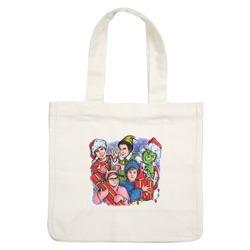 A festive group of children dressed in holiday attire, featuring the Grinch and vibrant gifts, radiating Christmas cheer.DTF Transfers dtf transfersdtf regular iron