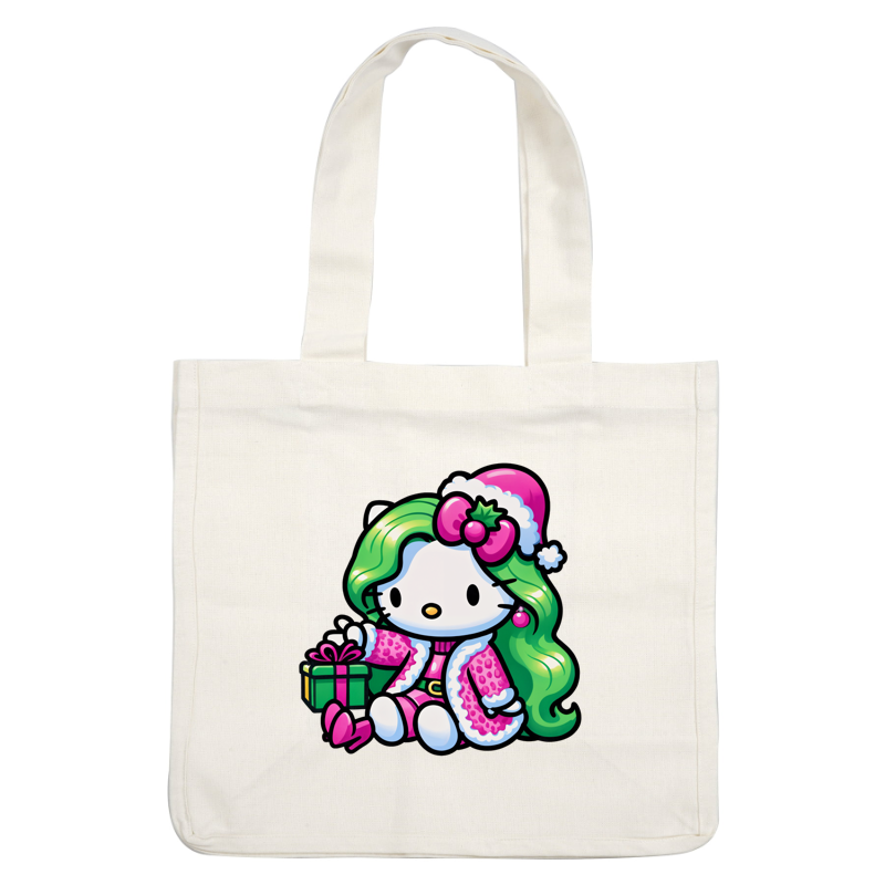 Un personaje festivo de Hello Kitty con cabello verde, vistiendo un abrigo de invierno rosa y un gorro de Papá Noel, sosteniendo un regalo. Transferencias DTF