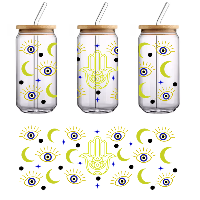 Un diseño vibrante que presenta una mano hamsa central rodeada de ojos estilizados y lunas crecientes en colores brillantes. Transferencias UV