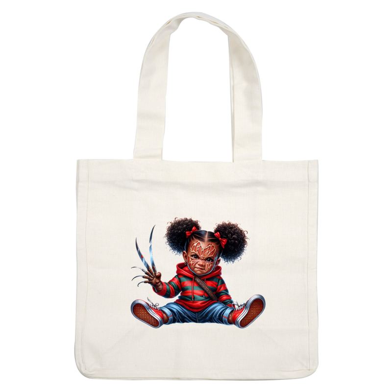 Una chica juguetona y feroz vestida con una sudadera con capucha a rayas, empuñando dedos en forma de garra, mostrando un diseño único y audaz.