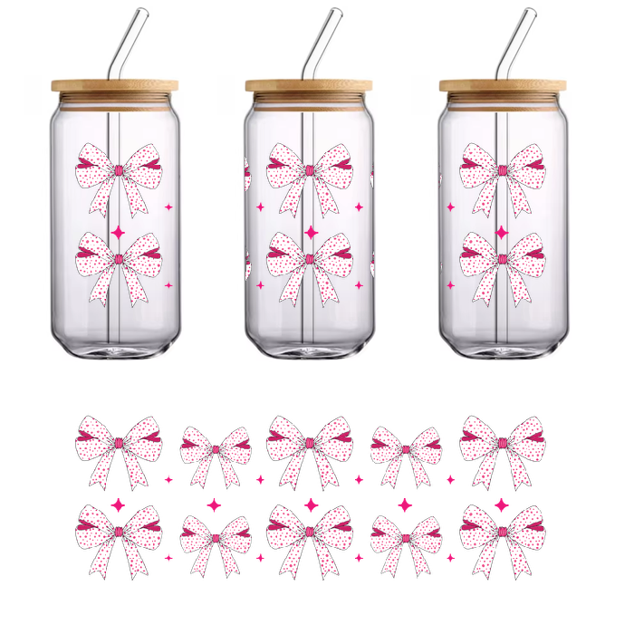 A set of polka dot bow designs in pink and white.UV Transfers