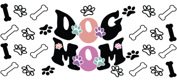 Un diseño colorido que celebra a las mamás de perros, con las palabras "DOG MOM" rodeadas de divertidas huellas de patas y huesos. Transferencias UV