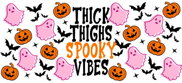 A fun and colorful Halloween-themed illustration featuring playful pink ghosts and grinning jack-o'-lanterns with the word "SPOOKY."UV Transfers dtf prints