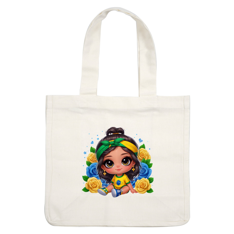 A cute, chibi-style girl with large eyes, dressed in a Brazil-themed outfit, surrounded by colorful flowers and vibrant greenery.DTF Transfers dtf prints