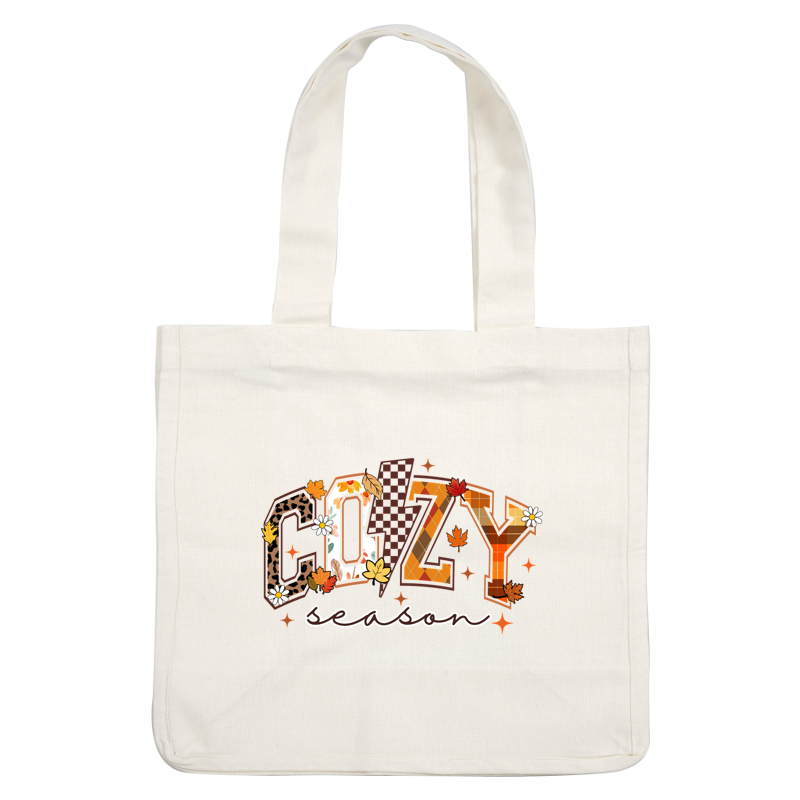Celebrate cozy vibes with this colorful autumn-themed “Cozy Season” graphic, featuring vibrant letters adorned with leaves and flowers. dtf transfers