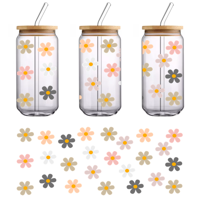 A vibrant pattern of colorful flowers featuring soft hues of pink, white, gray, and yellow, creating a cheerful design.UV Transfers heat press transfers