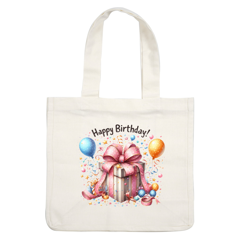 A colorful birthday gift box adorned with a large pink bow and surrounded by festive balloons and confetti, celebrating joyfully!DTF Transfers