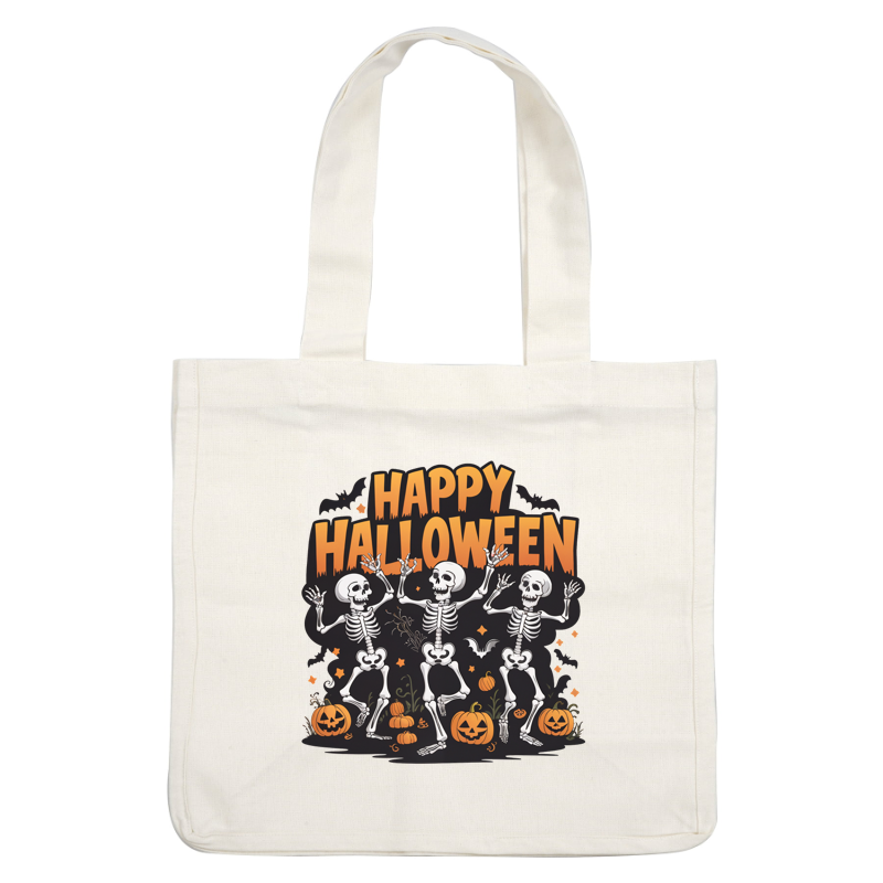 Celebrate Halloween with this lively graphic featuring dancing skeletons, vibrant pumpkins, and bold "Happy Halloween" text! heat press transfers