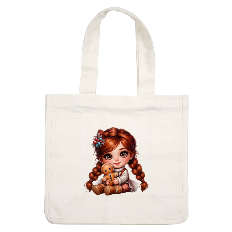 Una chica encantadora y animada con cabello trenzado y un atuendo acogedor, sosteniendo una galleta de jengibre en su regazo. Transferencias DTF