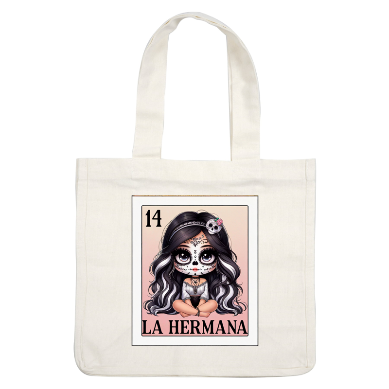 A colorful, cartoon-style character with Day of the Dead makeup, featuring long black and white hair, named "La Hermana." heat press transfers