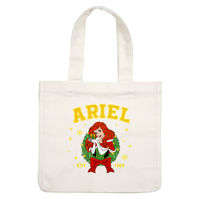 Un diseño festivo que presenta a Ariel con un regalo, rodeada de una corona y estrellas, celebrando su debut en 1989. Transferencias DTF