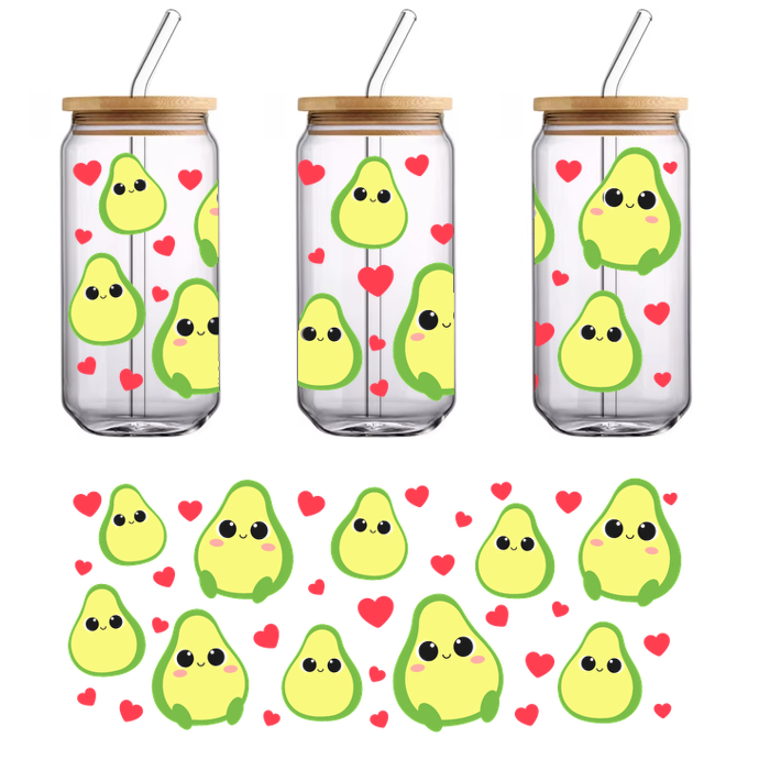 A cartoon pattern of cute avocados with hearts.UV Transfers