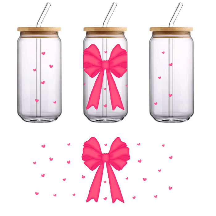 A bright pink bow is surrounded by smaller hearts.UV Transfers