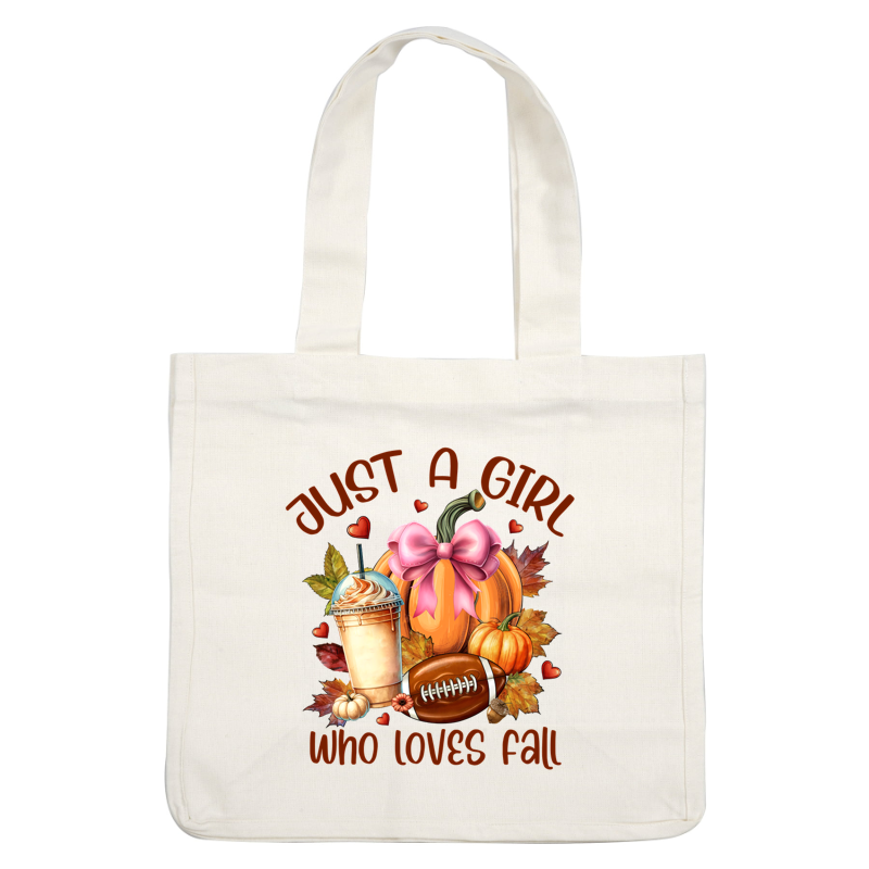 A charming fall-themed design featuring a pink bow, pumpkins, a football, and a cozy drink, celebrating a girl's love for autumn. heat press transfers