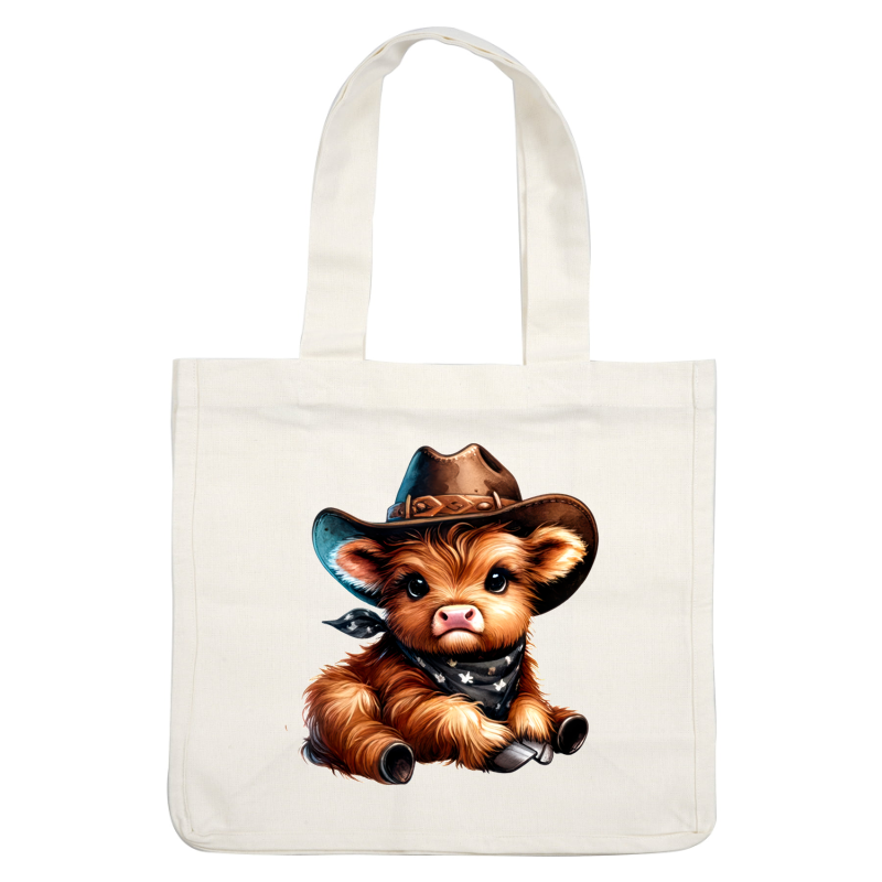 A cute cartoon calf dressed as a cowboy, complete with a hat and bandana, radiating charm and whimsy. heat press transfers
