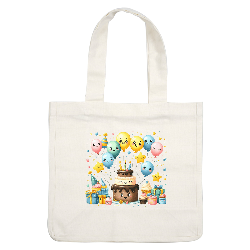 A cheerful birthday scene featuring a double-layered cake with cute faces, colorful balloons, and playful treats surrounded by festive decorations.DTF Transfers