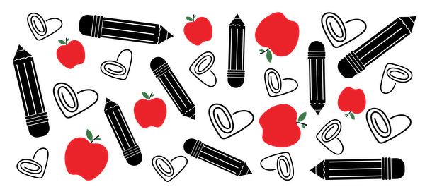 Una ilustración divertida de manzanas rojas vibrantes con hojas verdes, esparcidas sobre un fondo simple. Transferencias UV