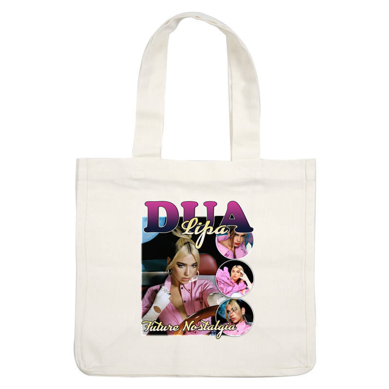 Una elegante portada que presenta a Dua Lipa con un atuendo rosa, promocionando su álbum "Future Nostalgia" con gráficos vibrantes y llamativos. Transferencias DTF