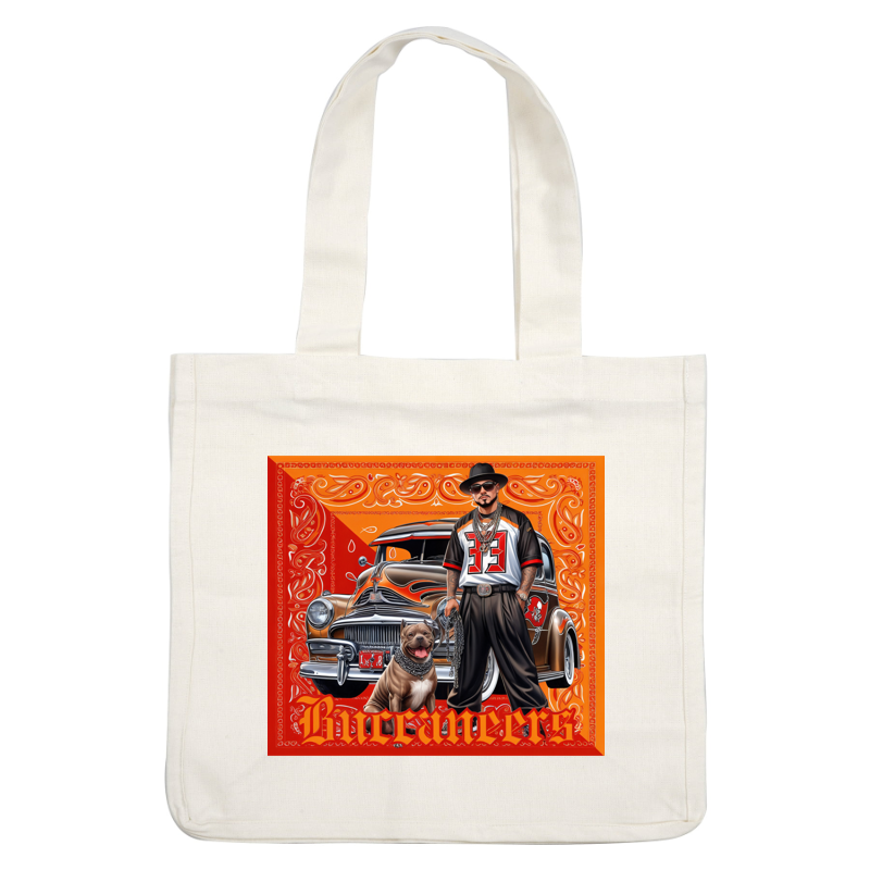 This vibrant artwork features a confident figure in Buccaneers gear, alongside a stylish vintage car and a friendly pit bull.