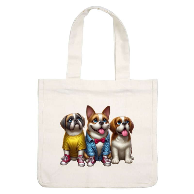 A charming trio of dogs, dressed in colorful outfits, including a yellow shirt, blue button-up, and red bow tie. dtf transfers