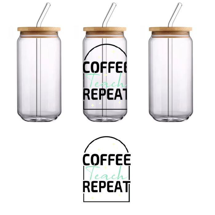 Black Cat Tee shirt with the "Coffee Teach Repeat" slogan.UV Transfers