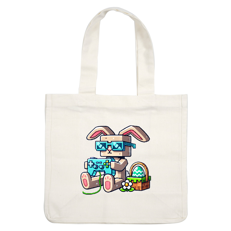 Cool digital bunny gaming with glasses, holding a controller beside an Easter basket!DTF Transfers