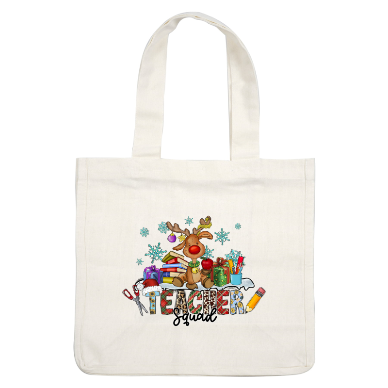 Celebrate the holiday spirit with a cheerful reindeer surrounded by gifts, books, and school supplies, perfect for teachers!DTF Transfers dtf transfers heat press transfers