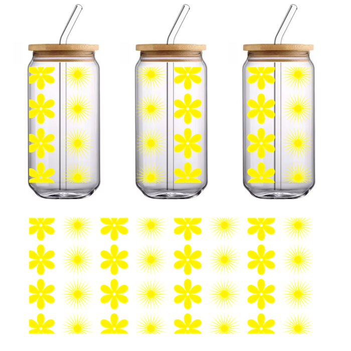 Bright yellow floral pattern featuring stylized flowers and sunburst designs against a contrasting background, perfect for vibrant decor.UV Transfers heat press transfers