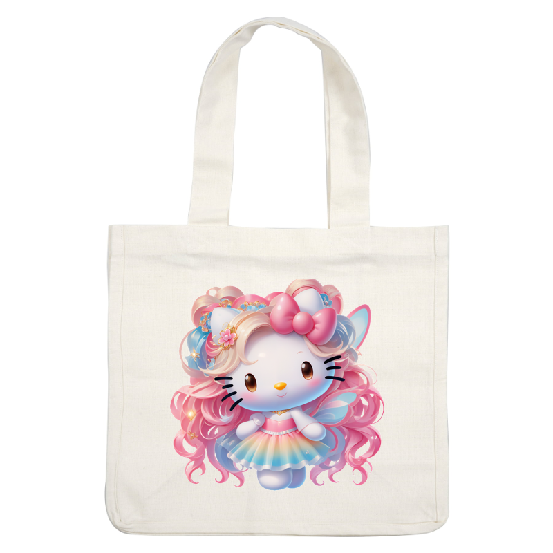 Este lindo personaje presenta un vestido degradado rosa y azul, adornado con un gran lazo y alas de mariposa, perfecto para aventuras extravagantes. Transferencias DTF