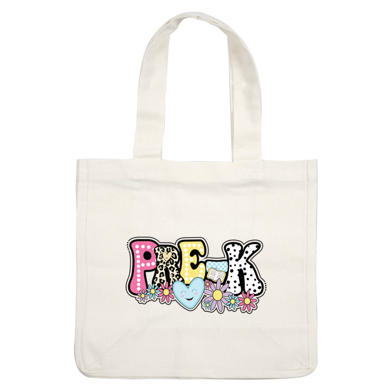 Colorful "Pre-K" design featuring playful letters, a smiling heart, and cheerful flowers, perfect for a preschool theme!DTF Transfers