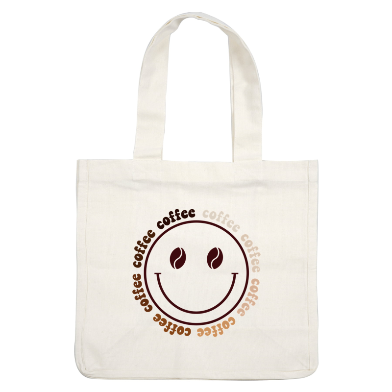 A cheerful coffee-themed design featuring a smiling face with coffee beans as eyes, surrounded by the word "coffee."dtf regular iron