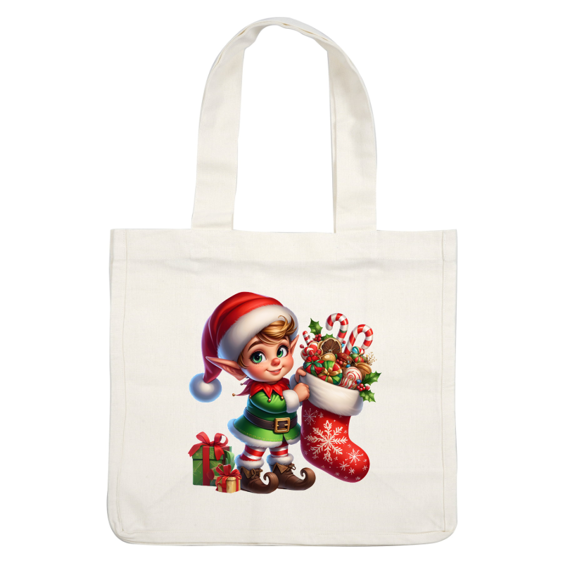 A cheerful elf in a festive outfit holds a colorful Christmas stocking filled with sweets, surrounded by holiday gifts.DTF Transfers dtf prints