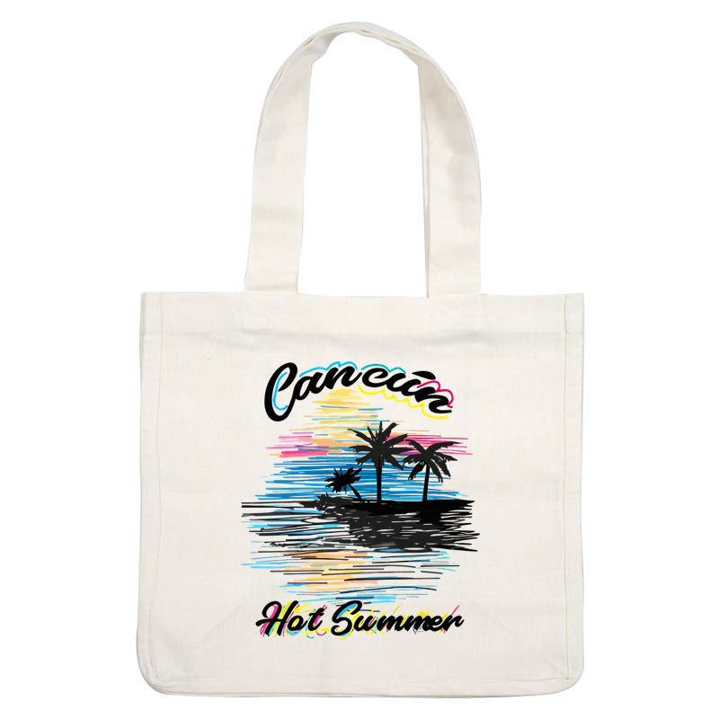 A vibrant sunset graphic featuring silhouettes of palm trees against colorful waves, with the text "¡Hola Suerte!" adding a lively touch.dtf regular iron