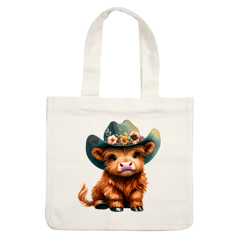 This adorable, fluffy highland calf wears a floral cowboy hat, adding a charming touch to its playful demeanor.